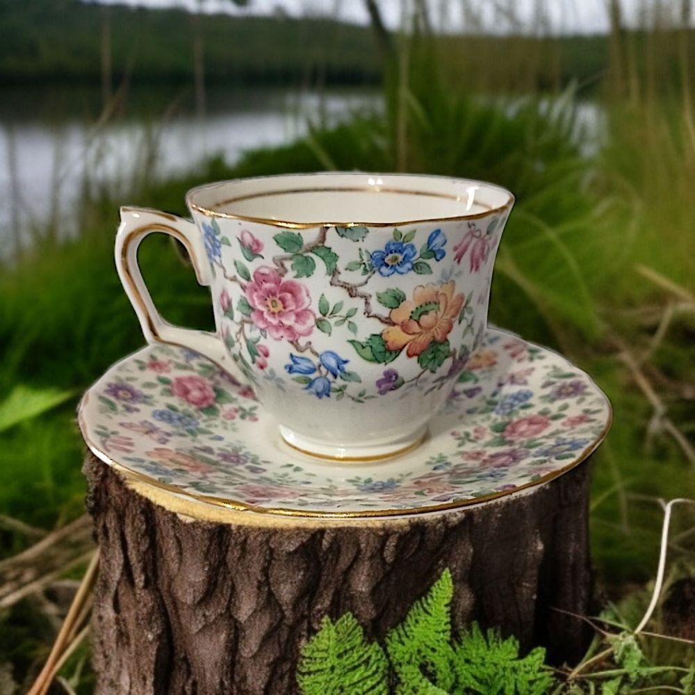 Crown‎ Staffordshire Springtime Tea Cup Saucer Floral Fine Bone China England